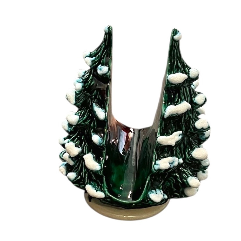 Vintage Handmade‎ Ceramic Christmas Tree Napkin Holder Green White